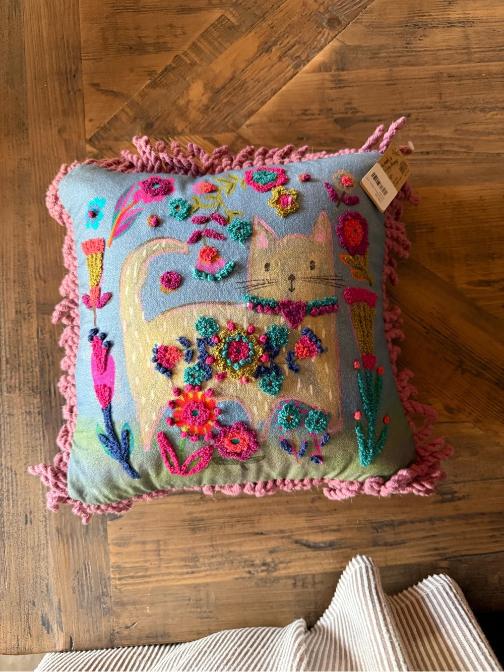 NATURAL LIFE Embroidered Cat Accent Pillow - Blue, Pink & Cream